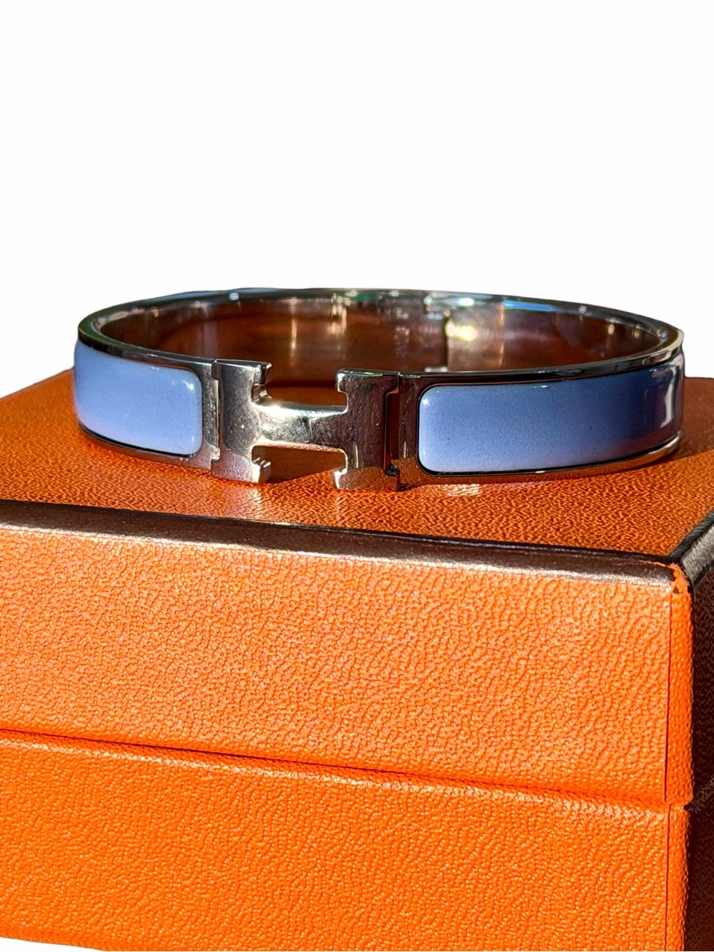 Hermes Light Blue Enamel Clic H Bangle Bracelet with Silver Hardware